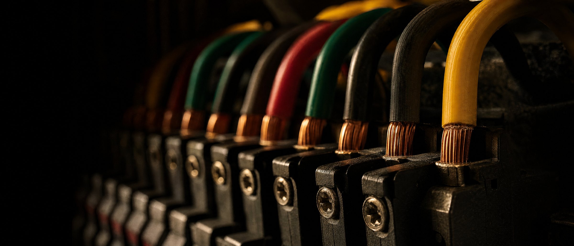 Macro detail of colour-coded conductors running into breaker terminals