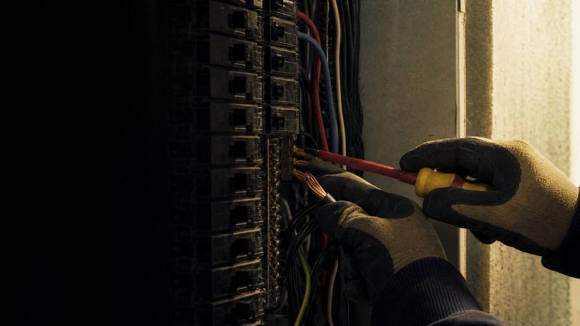 Electrician's gloved hands terminating conductors into a breaker panel