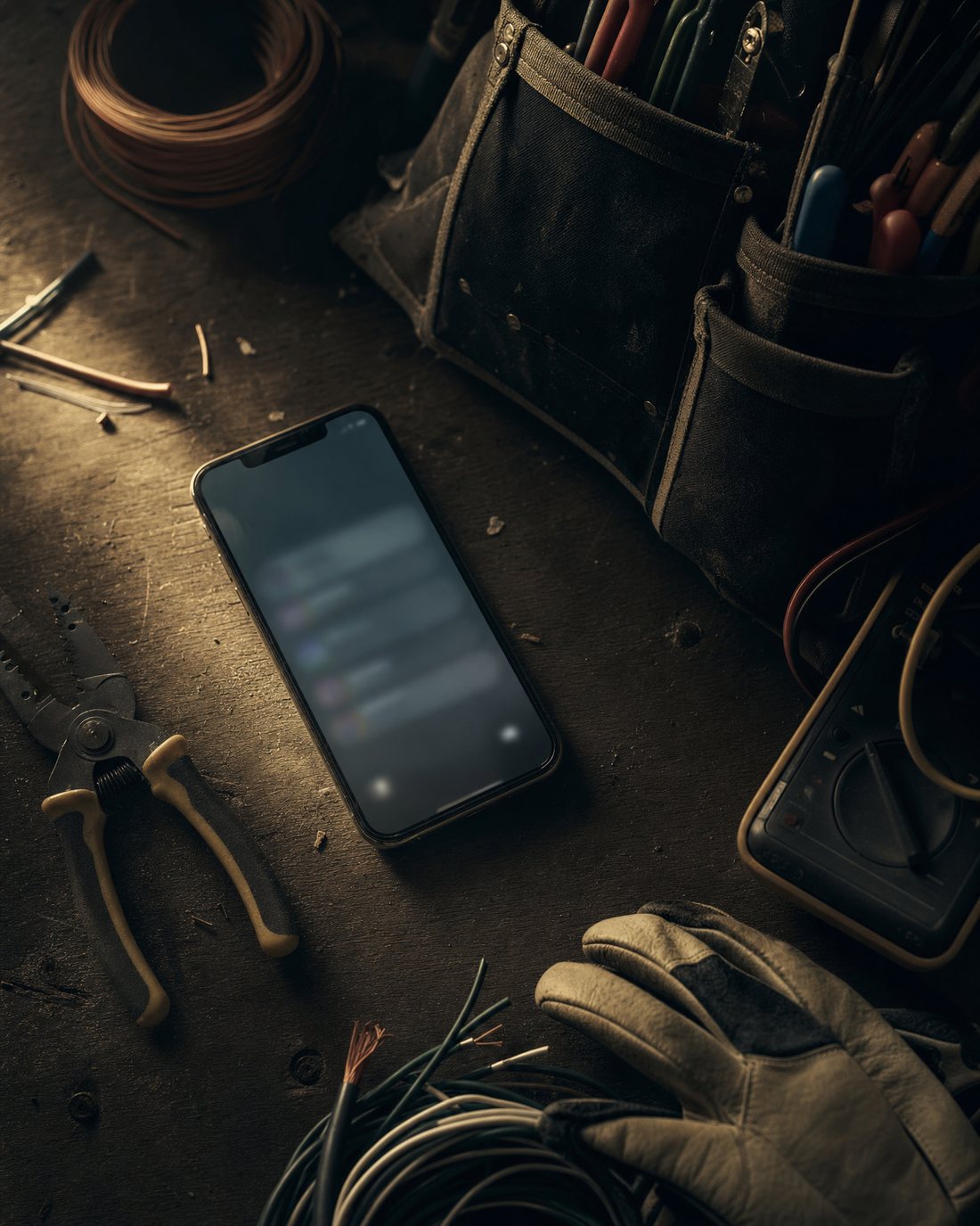 Phone on a workbench beside an electrician's tool pouch