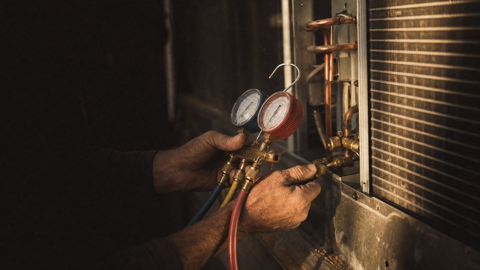 HVAC technician's hands attaching a gauge manifold to a condenser unit