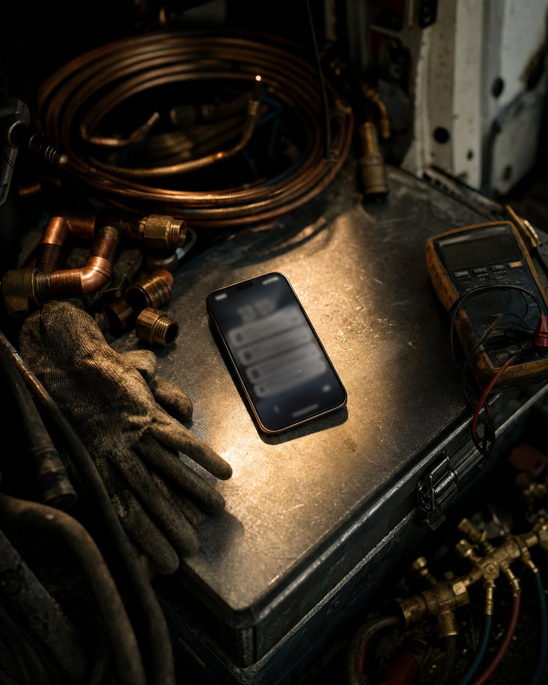 Phone on a toolbox in the back of a service van, notifications unanswered