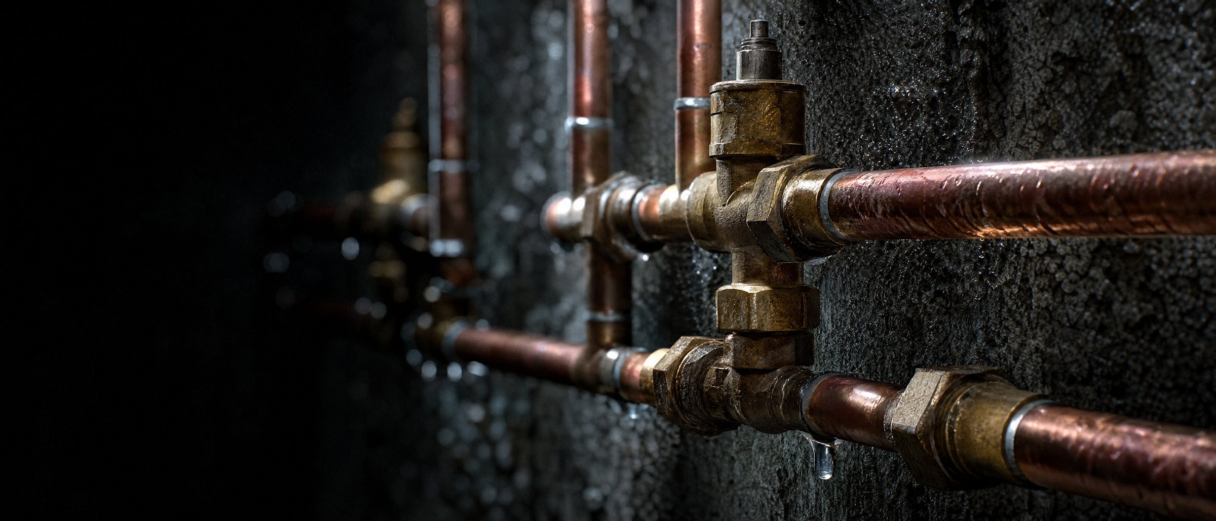 Macro detail of soldered copper joints and brass valve bodies