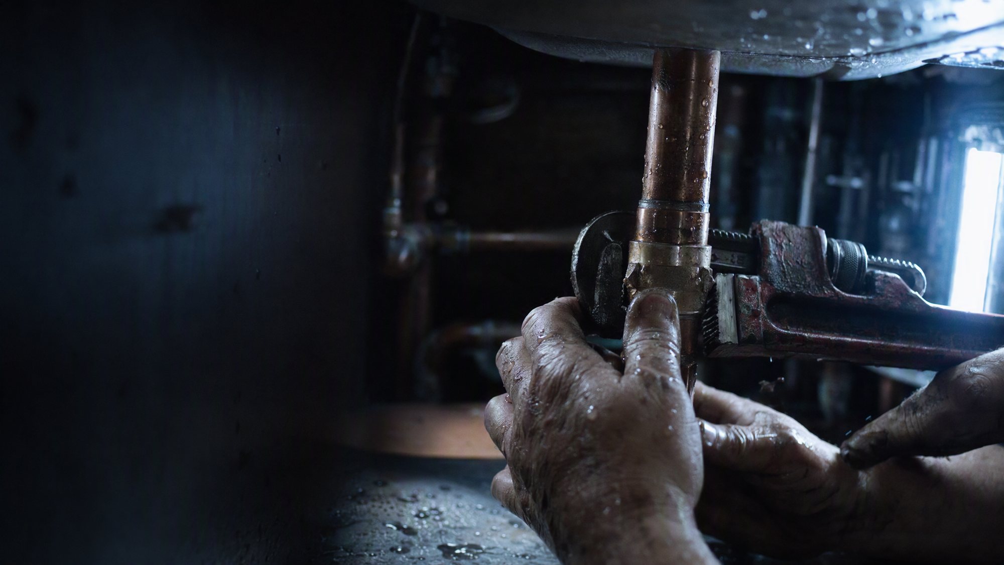 Plumber's hands tightening a compression fitting on copper pipe
