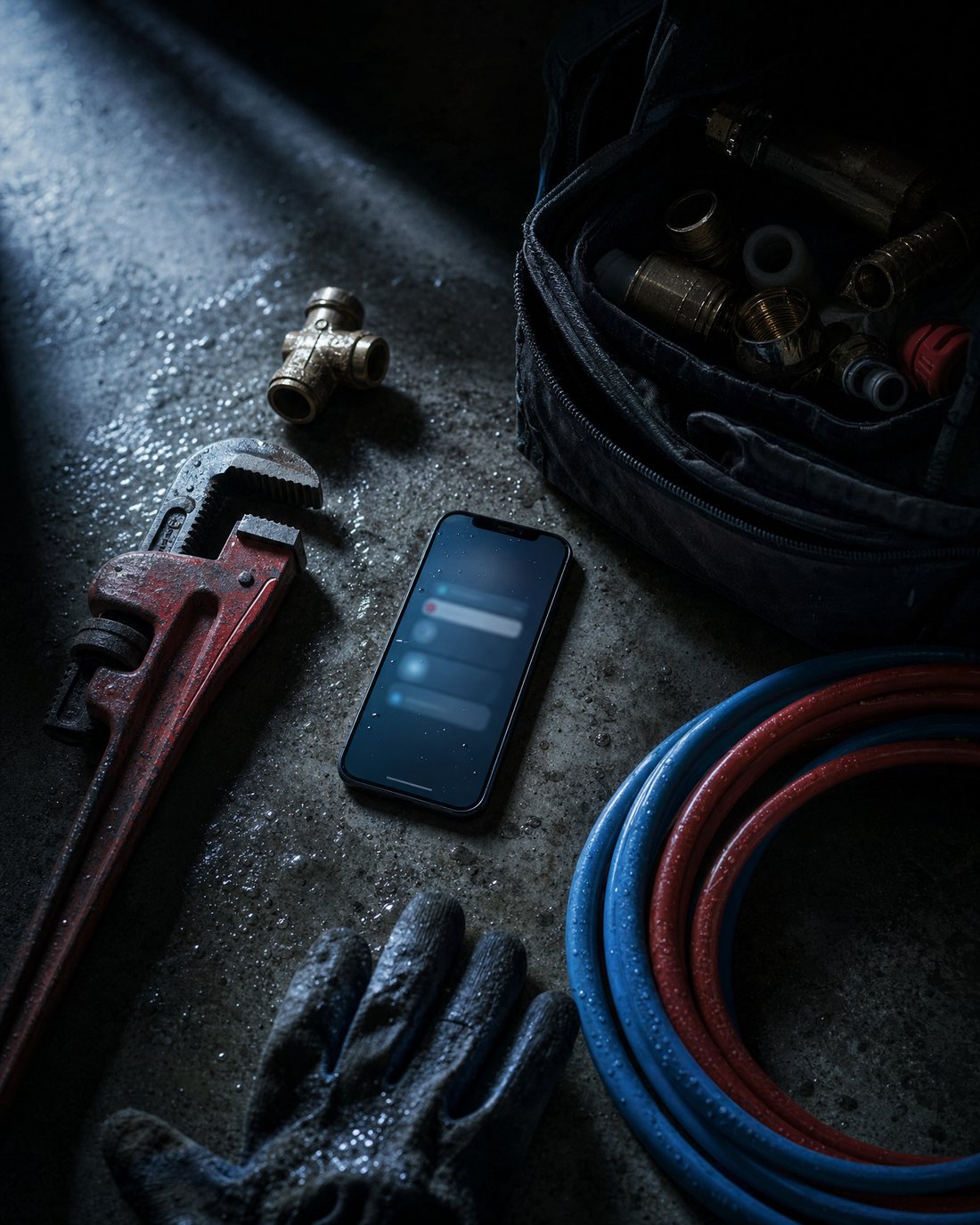 Phone on a concrete floor beside an open plumber's tool bag