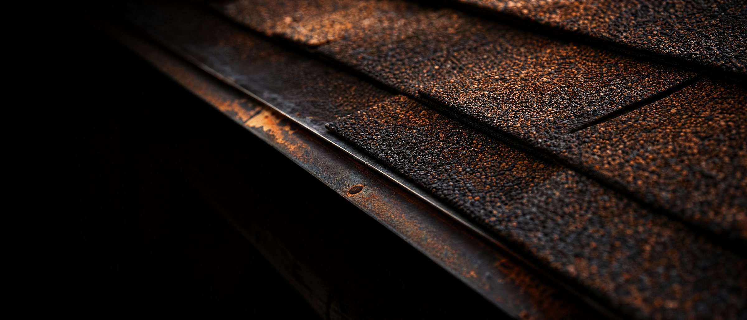 Macro detail of overlapping asphalt shingles and metal drip edge
