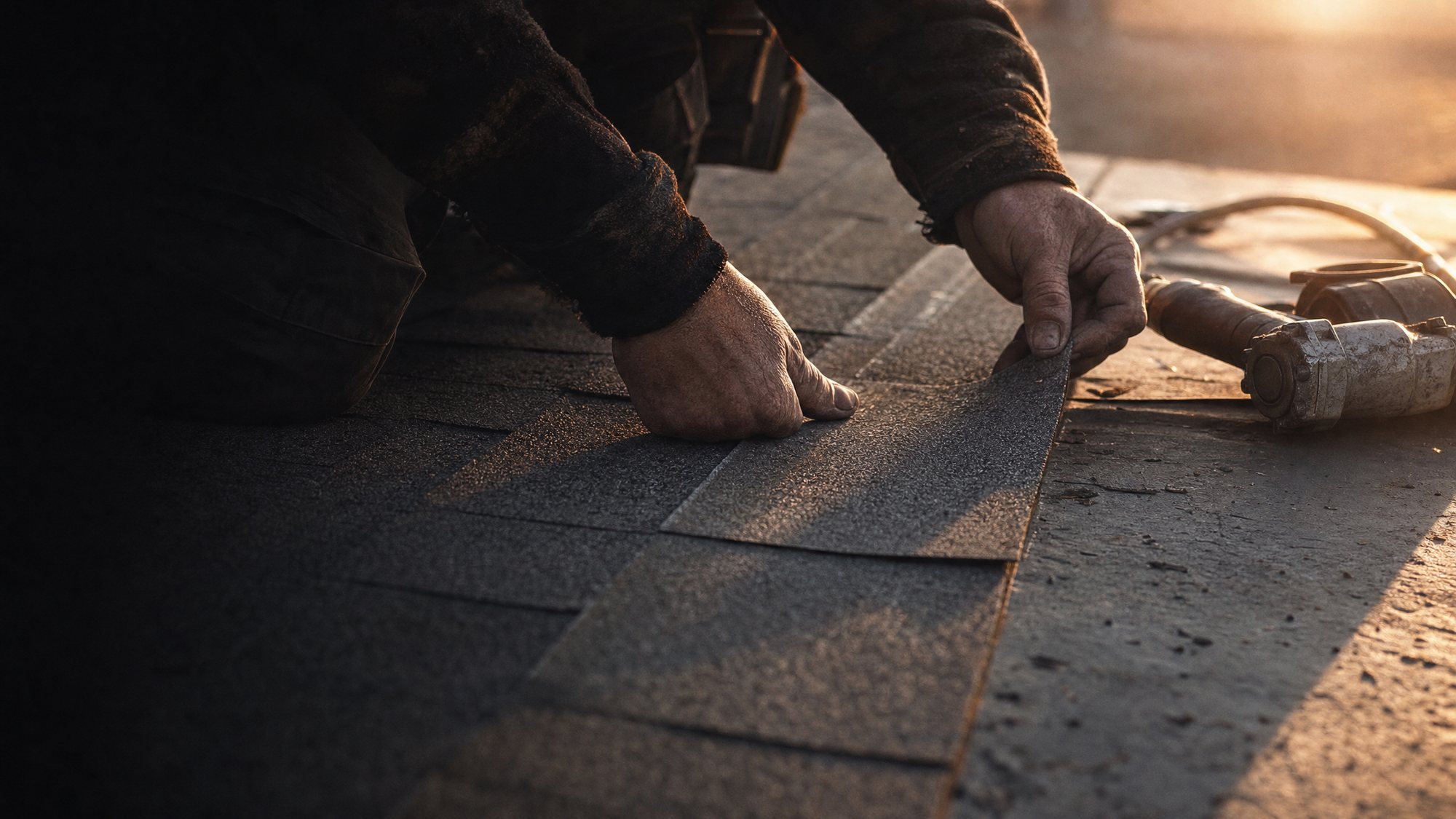 Roofer's hands setting a course of asphalt shingles