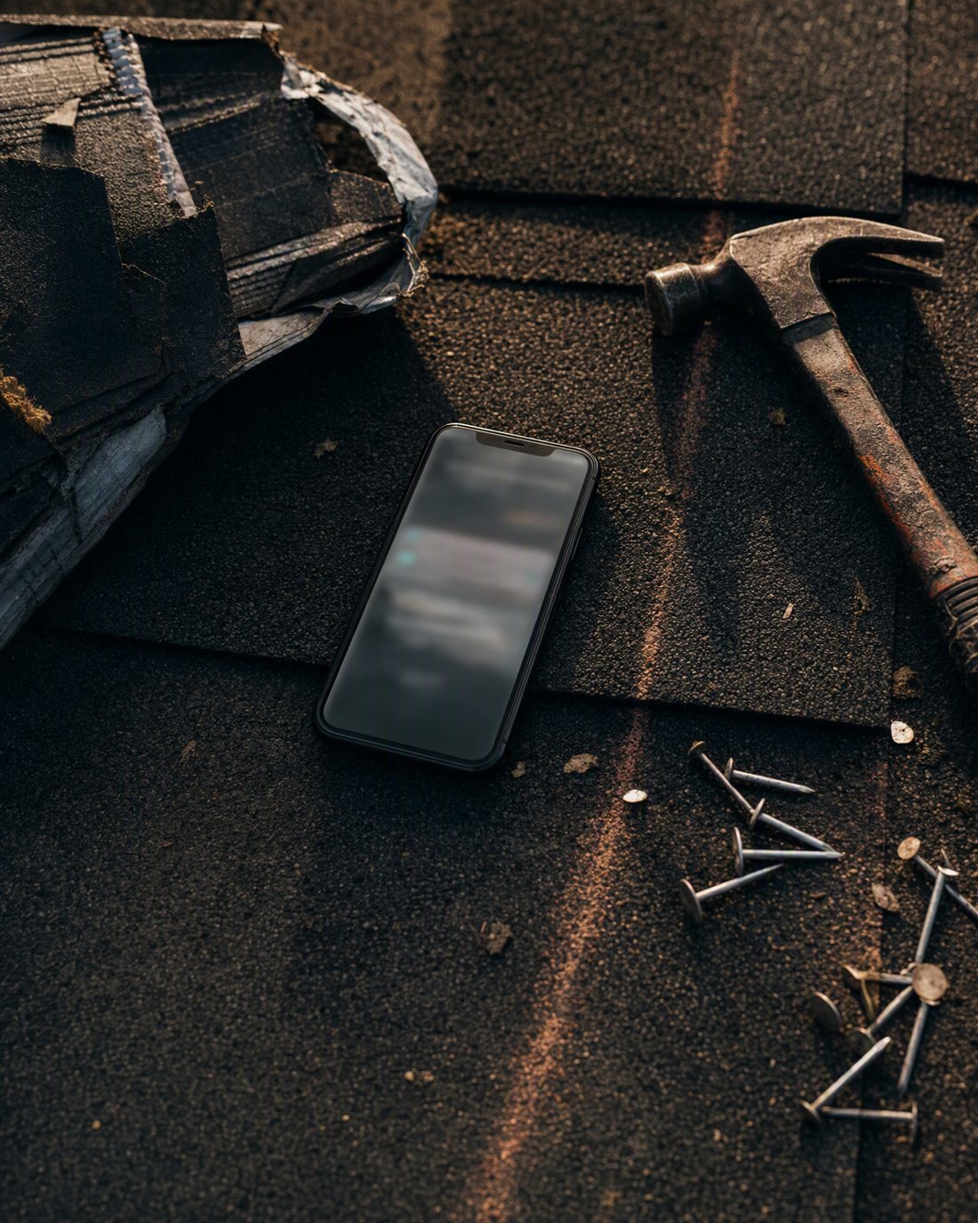 Phone on weathered shingles beside a hammer and roofing nails